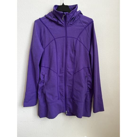 Athleta Rishi Hooded Jacket Womens M Purple Long Sleeve Full Zip Ruched Pockets - Picture 1 of 9